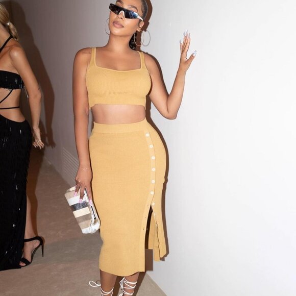 NEW | Lita by Ciara Revolve Ribbed Side Button Organic Cotton Midi Iced Coffee - Picture 1 of 7